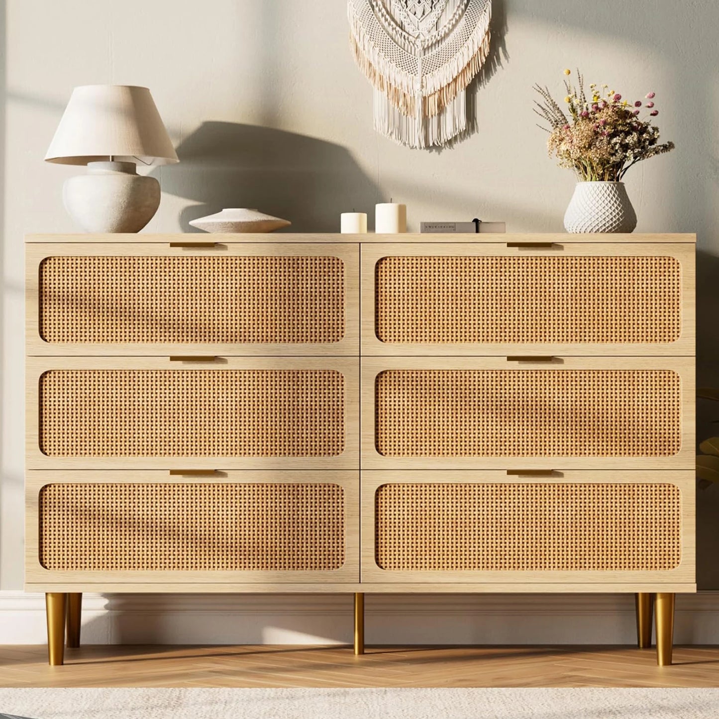 6 Drawer Rattan Dresser Natural Handwoven Rattan Wood For Bedroom Living Room