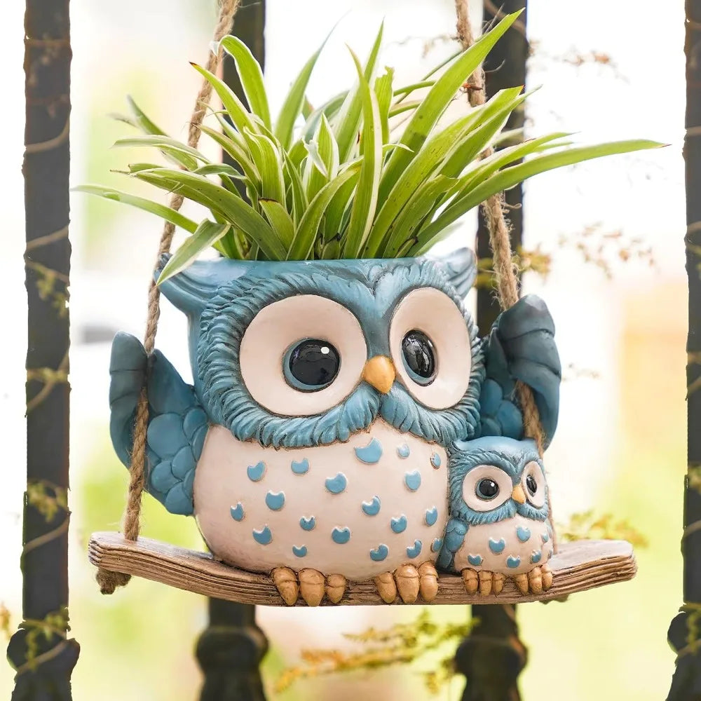 Swing Owl Hanging Planters for Indoor Plants, Cute Succulent Pots with Drainage Hole, Unique Resin Plant Hangers Outdoor, Gift Ideas for Mother