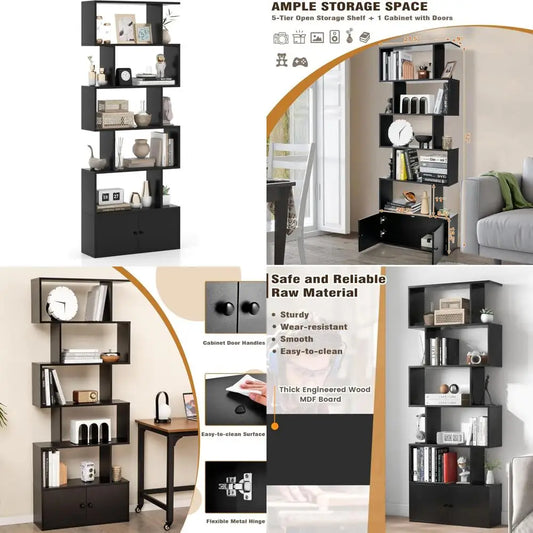 6-Tier Tall Bookcase with Cabinet, Anti-Tipping, Home Storage Organizer, Geometric Style
