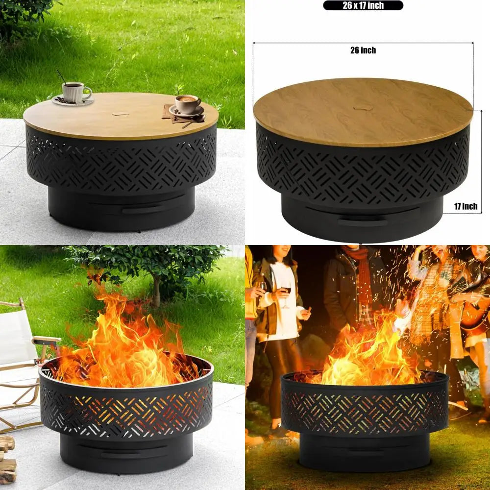 Outdoor Wood Burning Fire Pit With Grill Lid And Fire Poker