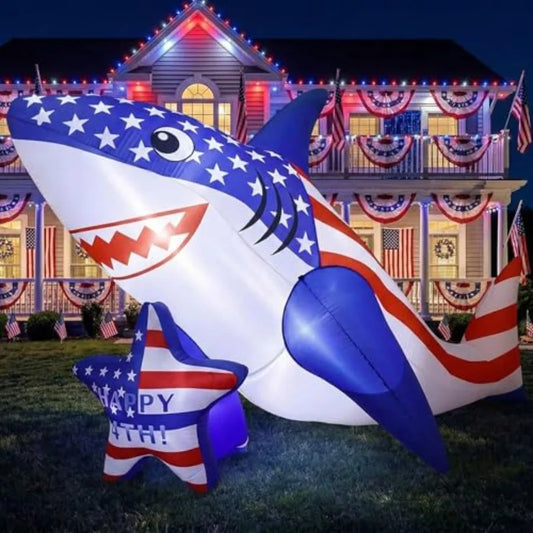 Outdoor Inflatable Shark Yard Decoration For 4th Of July Memorial Day Led