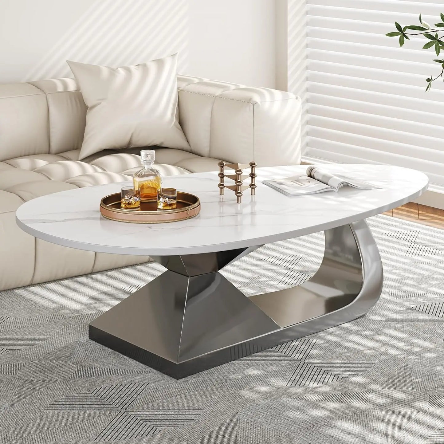 Modern Oval Coffee Table With Stainless Steel Pedestal And Faux Marble Top