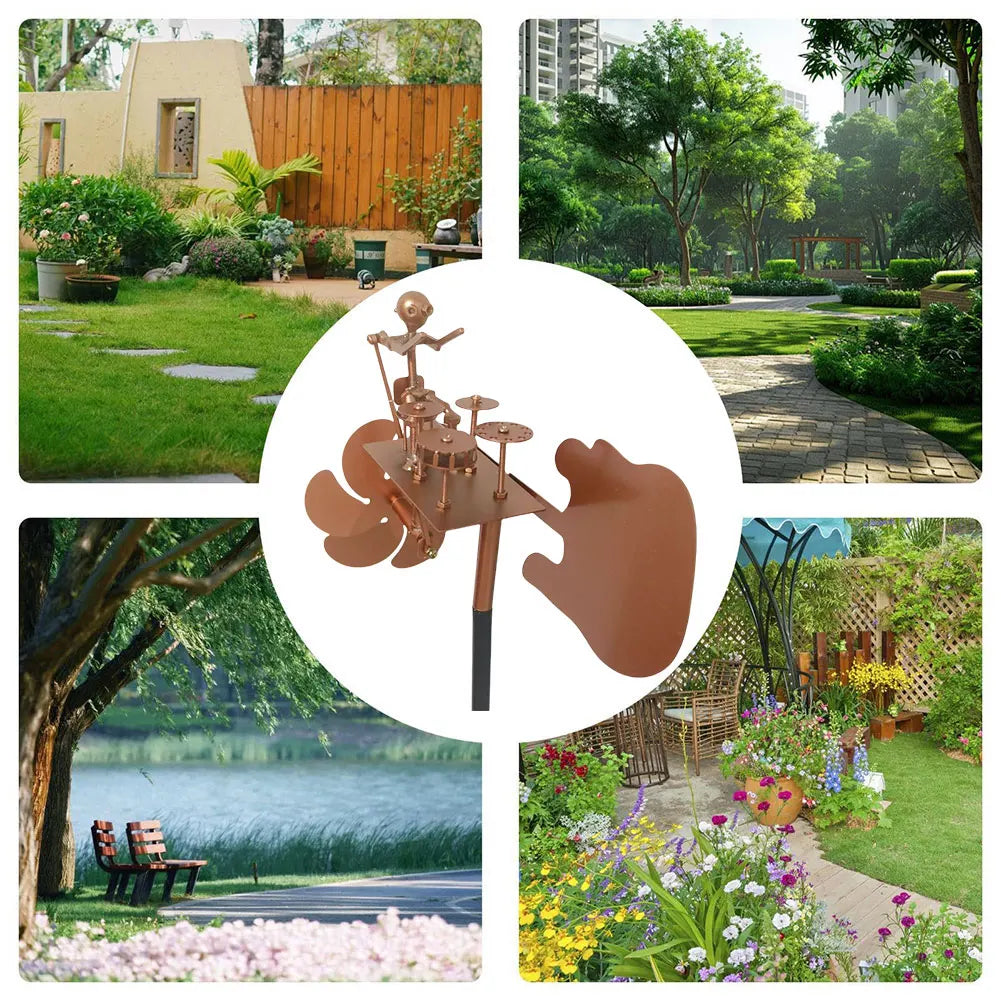 Metal Wind Spinner Metal Drummer Windmill Statue Percussionist Music Figurines and Statues for Yard Lawn Garden Patio Decor