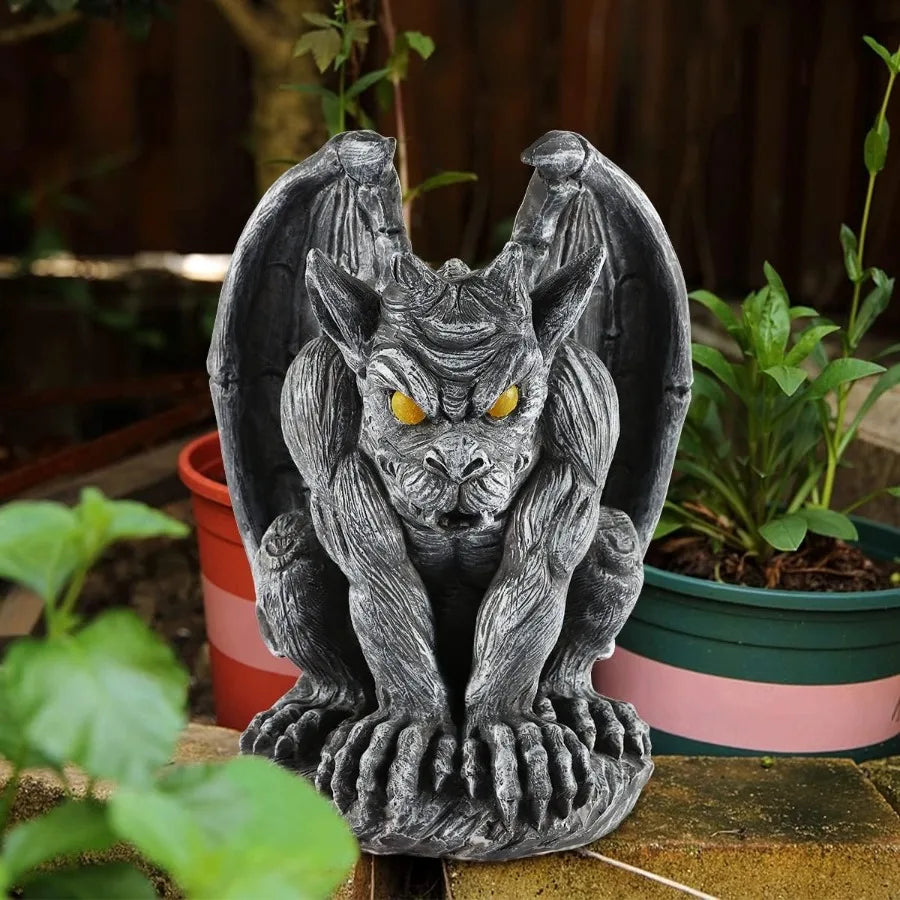Large Winged Gargoyle Statue With Solar Lights Outdoor Garden Decor