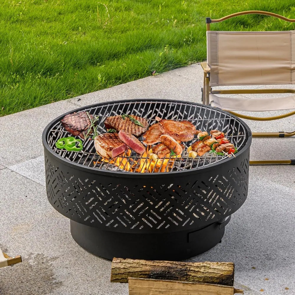 Outdoor Wood Burning Fire Pit With Grill Lid And Fire Poker