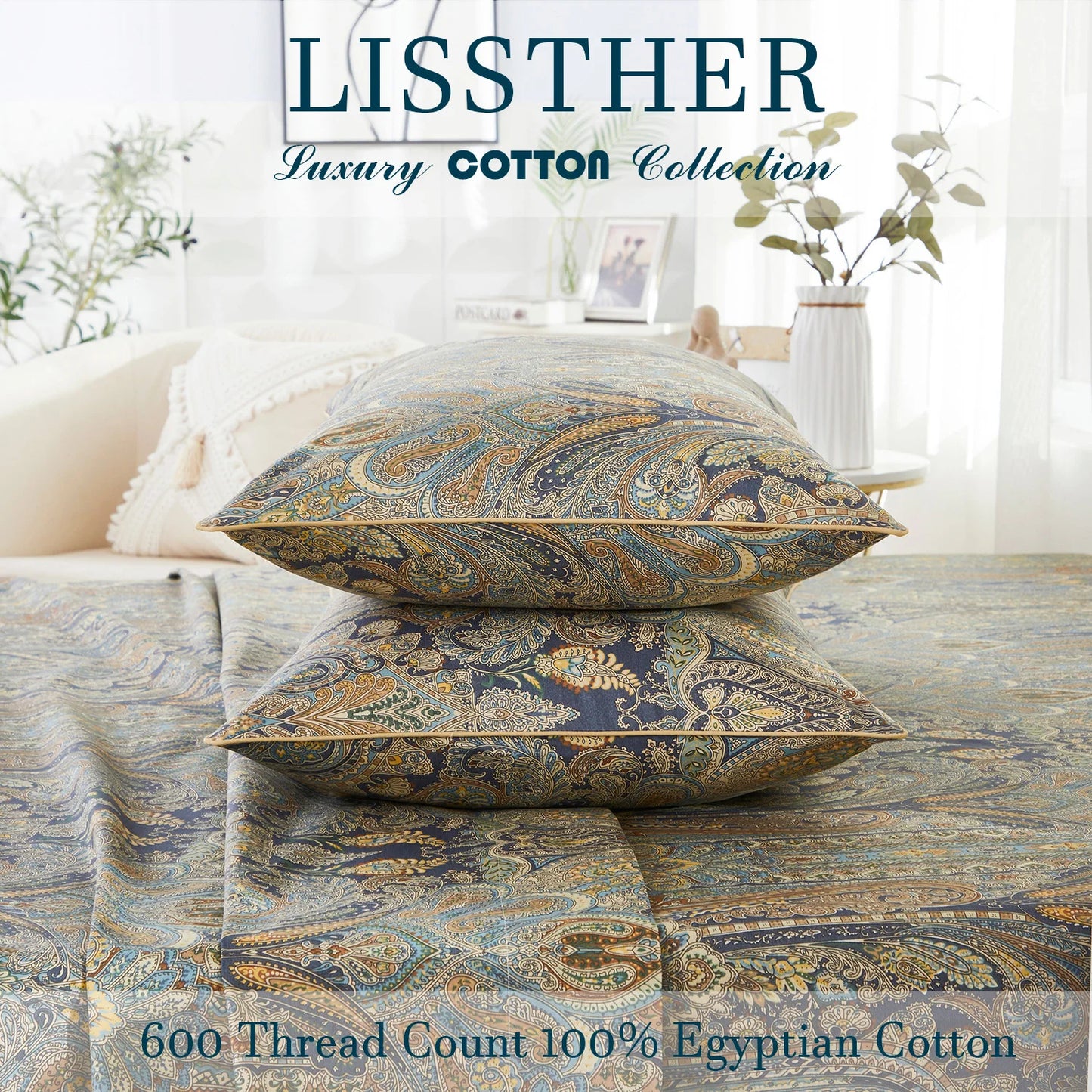 3Pc 600TC 100 Percent Egyptian Cotton Duvet Cover Set Bohemian Paisley Royal