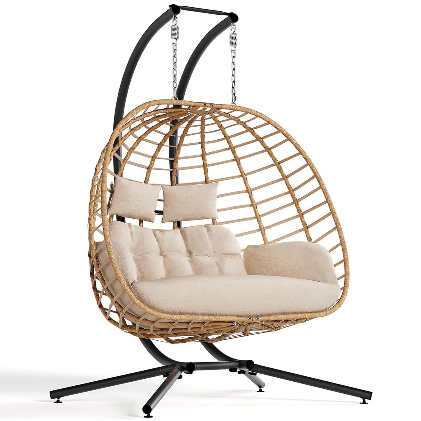 Double Egg Swing Chair With Stand Outdoor Patio 2 Person Wicker Hammock Cushions