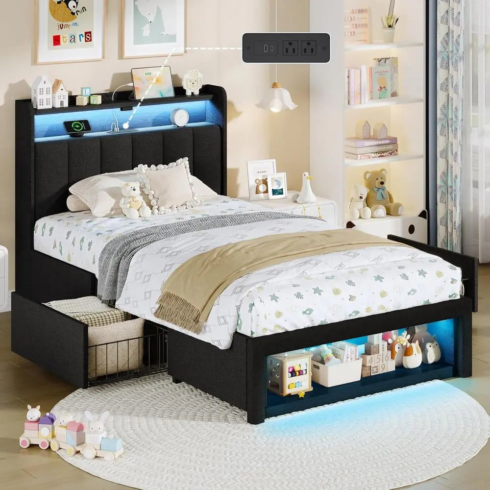 Twin Bed Frame With LED Lights And Charging Station Upholstered Storage Bed