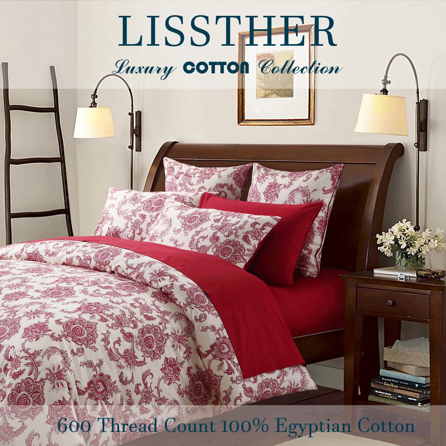 3Pc 600TC 100 Percent Egyptian Cotton Duvet Cover Set Vintage Red Floral Moire