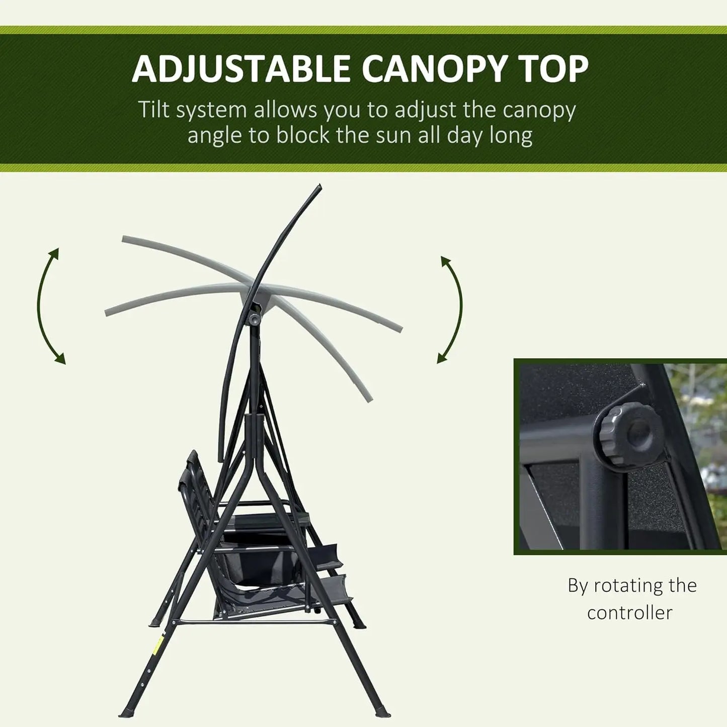 Two Seat Outdoor Patio Swing Chair With Canopy Glider Storage Table Cup Holder