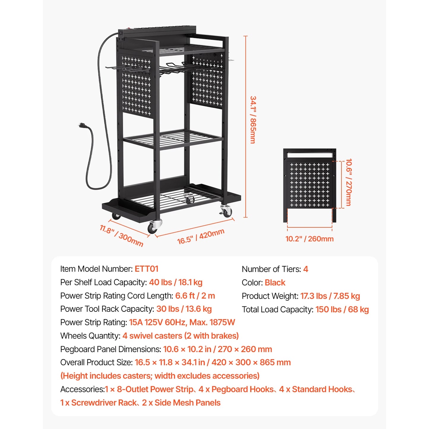 VEVOR 4 Tier Tool Cart With Charging Station Floor Stand And 8 Outlet Strip