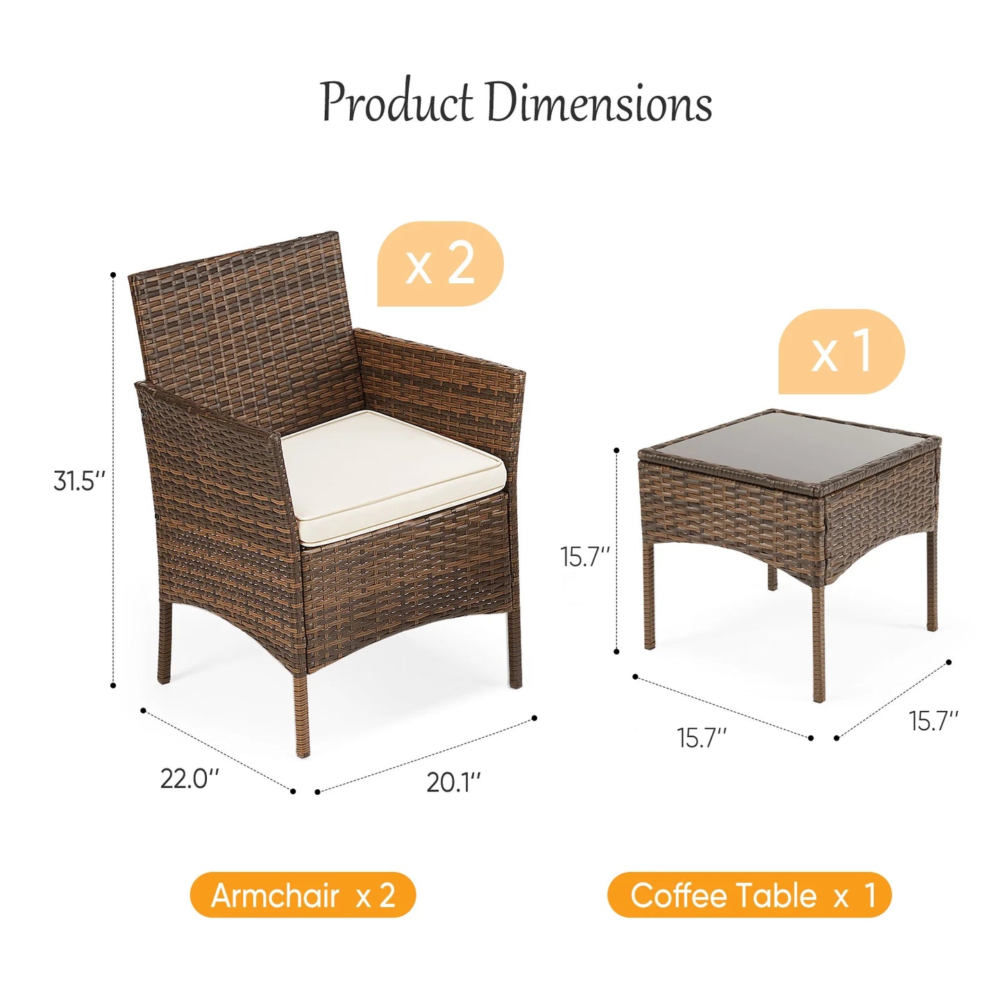 3 Piece Outdoor Patio Furniture Set Rattan Chairs With Cushions And Glass Table