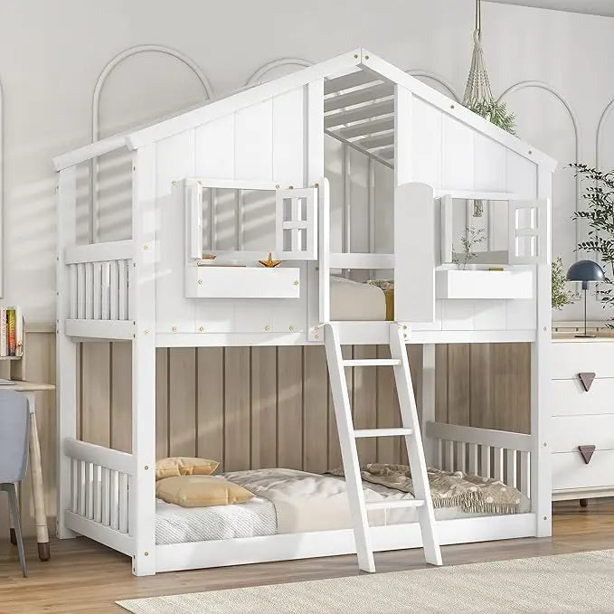 Twin Over Twin Bunk Bed with 2 Drawers, 1 Storage Box, 1 Shelf, Window and Roof, Wood Playhouse Bed Frame for Kids Boys Girls Te