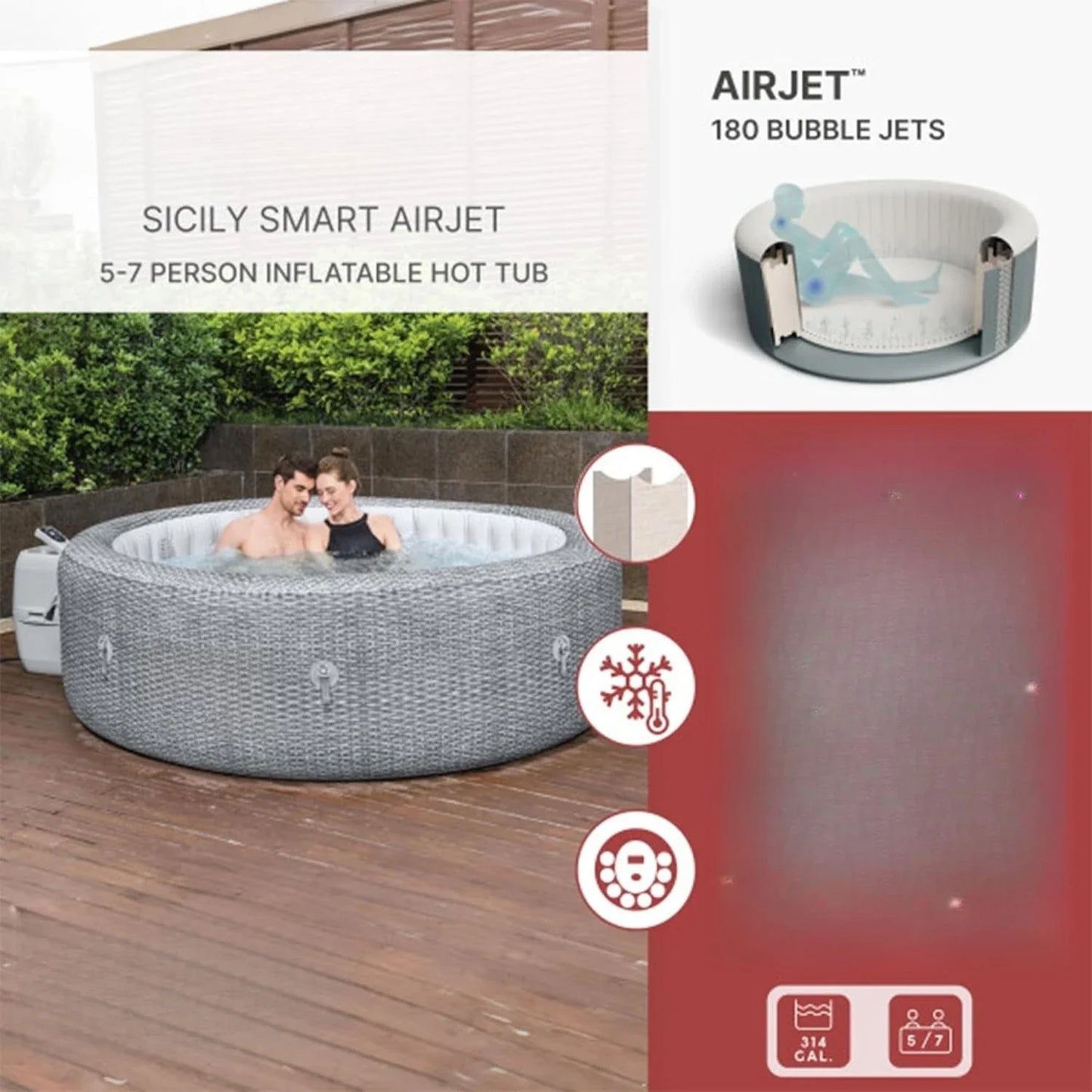 SaluSpa Sicily AirJet 7 Person Round Inflatable Hot Tub Gray