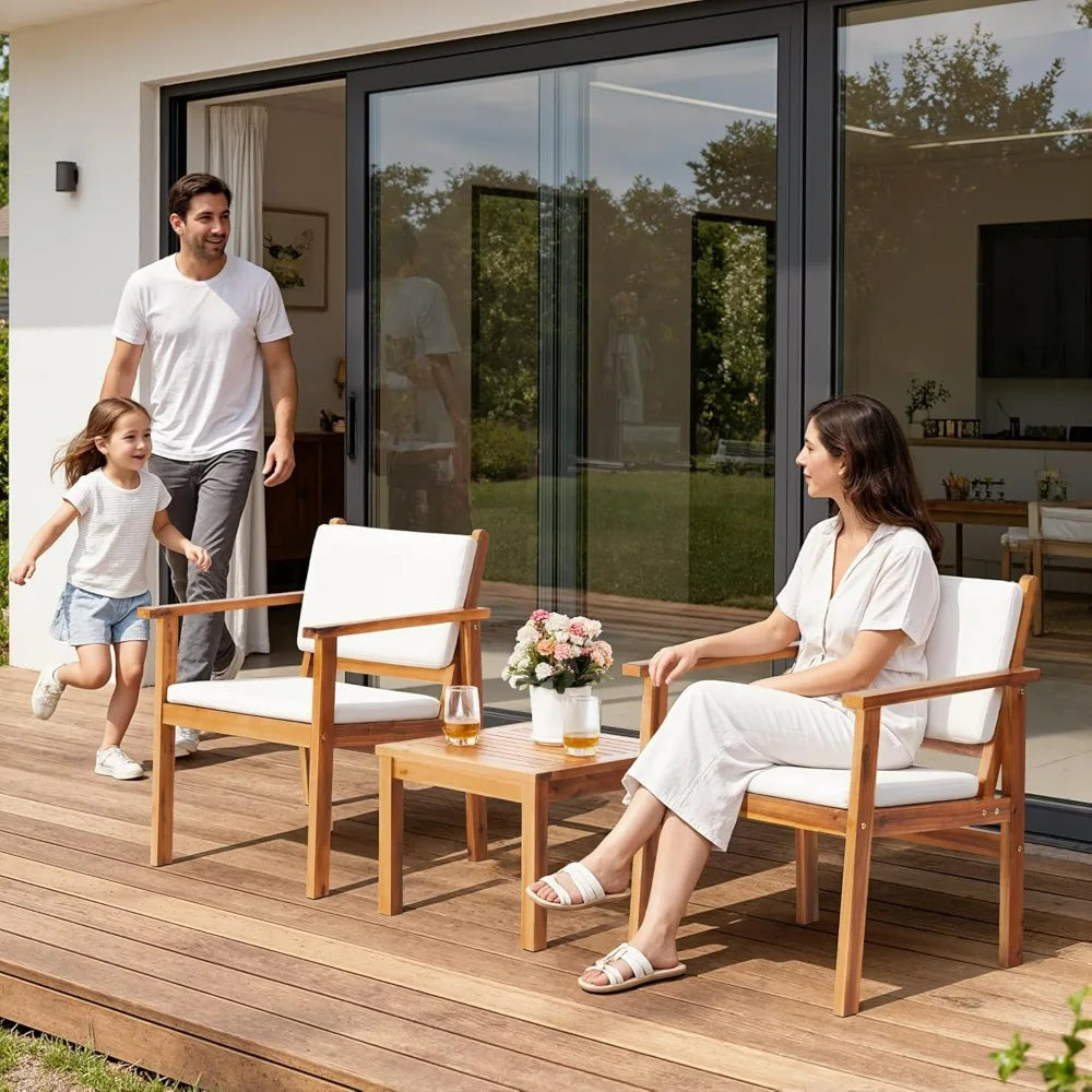 Flamaker 3 Piece Acacia Wood Patio Furniture Set With Coffee Table Cushions