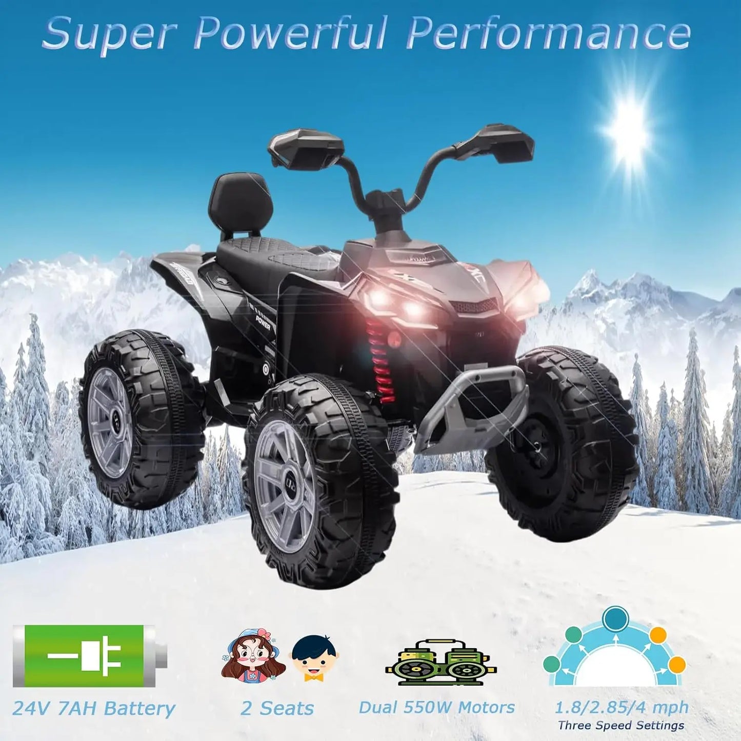 24V Kids Electric ATV Two Seater With Dual 550W Motors LED Lights Music Player