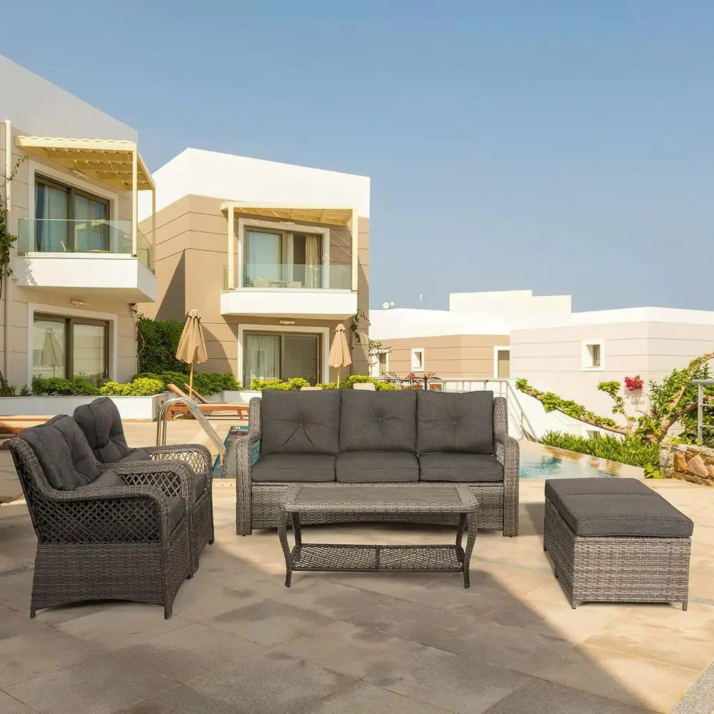 Grey Wicker Outdoor Patio Furniture Set 6 Piece With Sectional Sofa And Ottoman