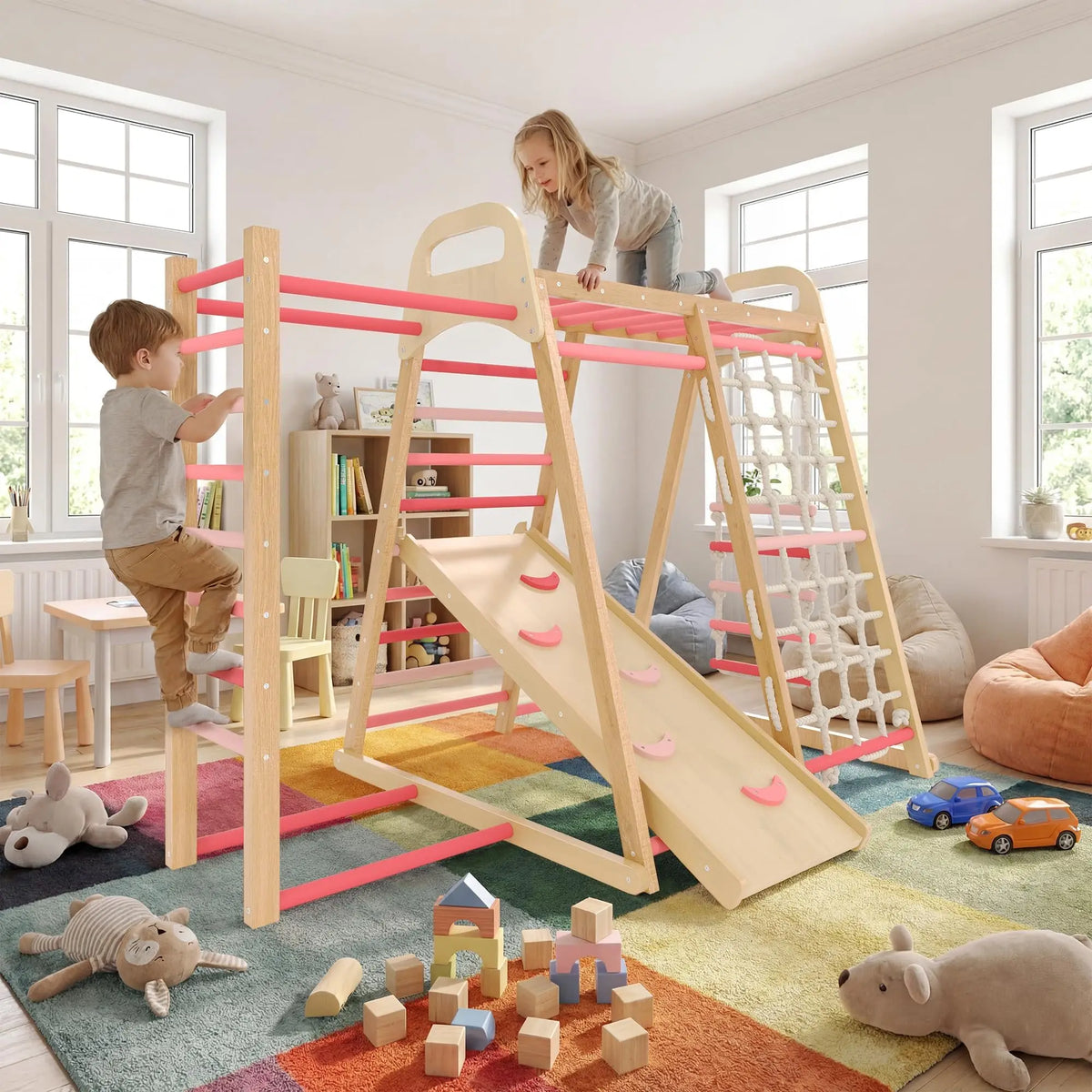Foldable Wooden Climbing Triangle 7 In 1 Indoor Play Set For Kids Age 3