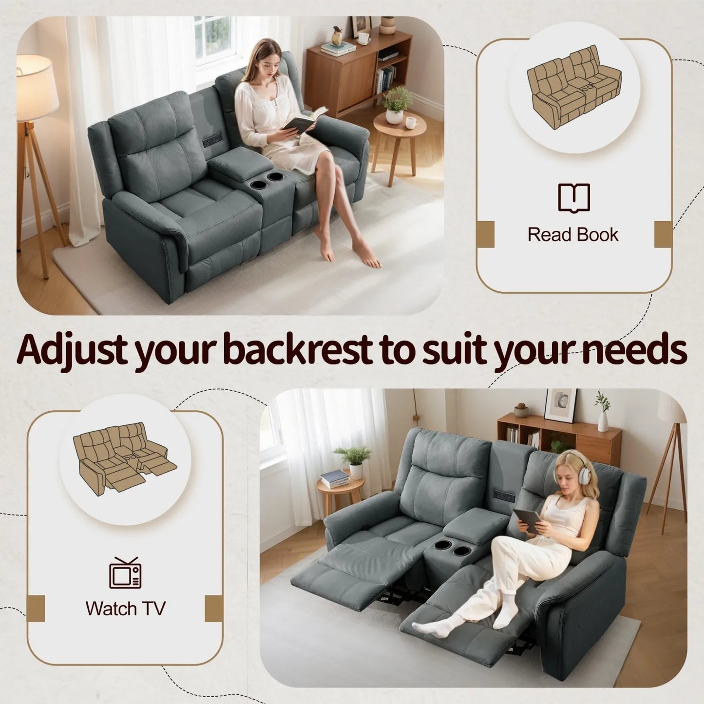 Korser Two Seater Loveseat Recliner With USB Ports And Cup Holders