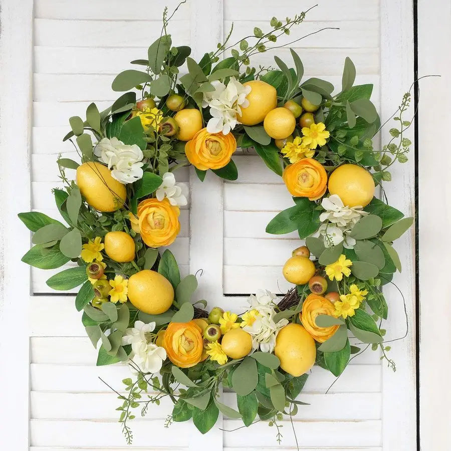 20 Inch Artificial Lemon Wreath For Front Door With Yellow Peony And Hydrangea