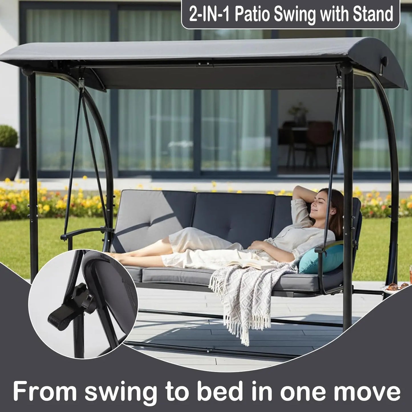 Outdoor Patio Swing With Canopy 2 In 1 Porch Swing Bed With Stand