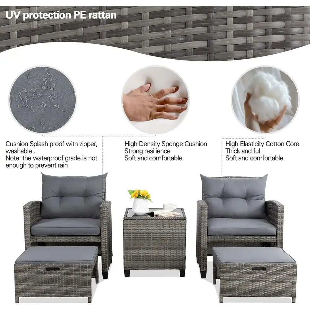Compact Outdoor Patio Furniture Set: 2 PE Wicker Chairs, Ottomans, Cushions & Glass Table for Balcony (Light Grey)