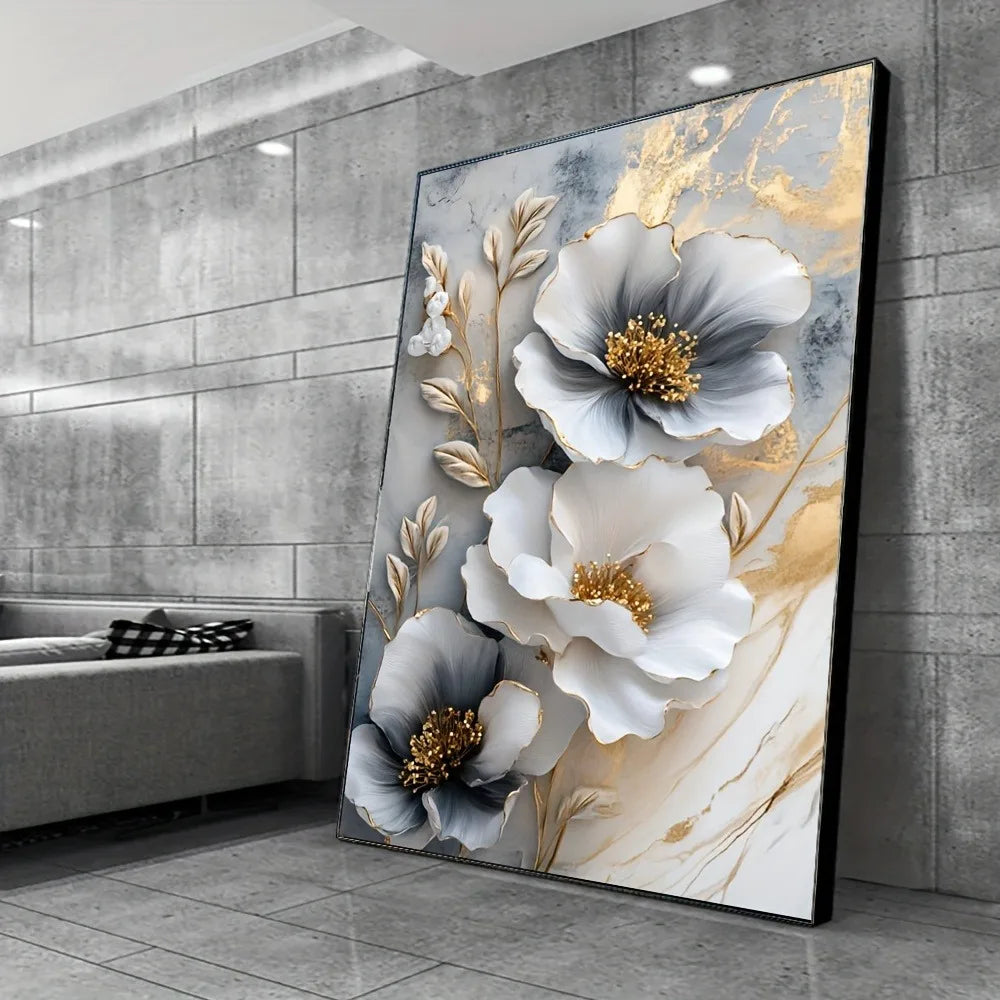 Modern Luxury Floral Canvas Mural Framed 3D Painting for Bedroom and Living Room