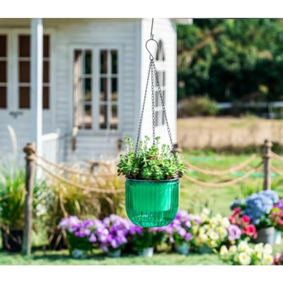 2 Pack Self Watering Hanging Planters 6.5 Inch Transparent PET Pots Emerald