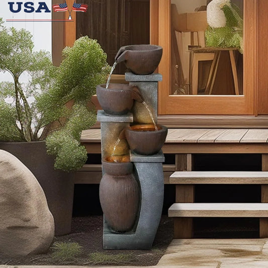 32.8in 4 Tier Indoor Outdoor Water Fountain LED Lights Resin Garden Water Feature Relaxing Soundscape Home Decor Patio