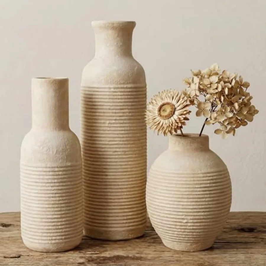 Rustic Farmhouse Ceramic Vase Set Of 3 For Centerpieces Home Decor