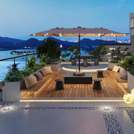 15ft Patio Umbrella With Solar LED Lights Base Included Large Rectangle Shade