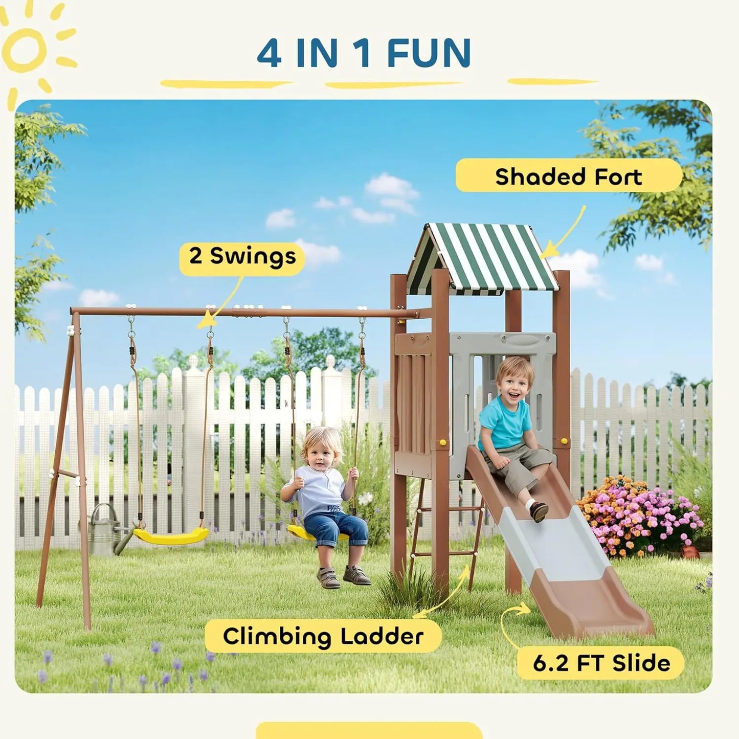 Kids Backyard Swing Set 6 Ft Slide And 2 Adjustable Swings
