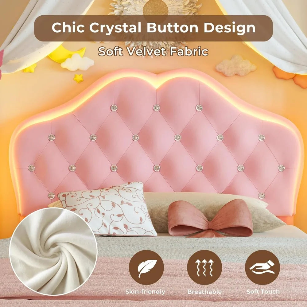 Twin Size Pink Upholstered Bed For Girls With Adjustable Headboard And LED Lights
