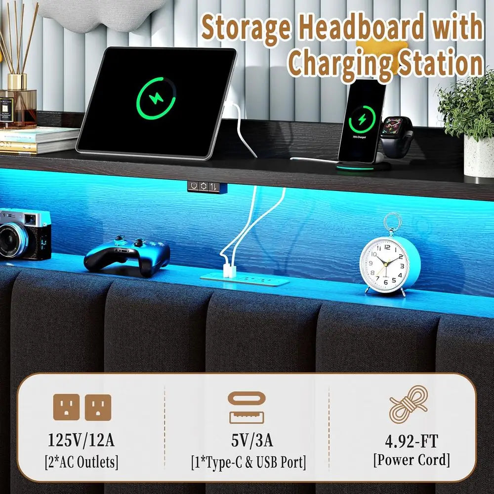 Twin Bed Frame With LED Lights And Charging Station Upholstered Storage Bed