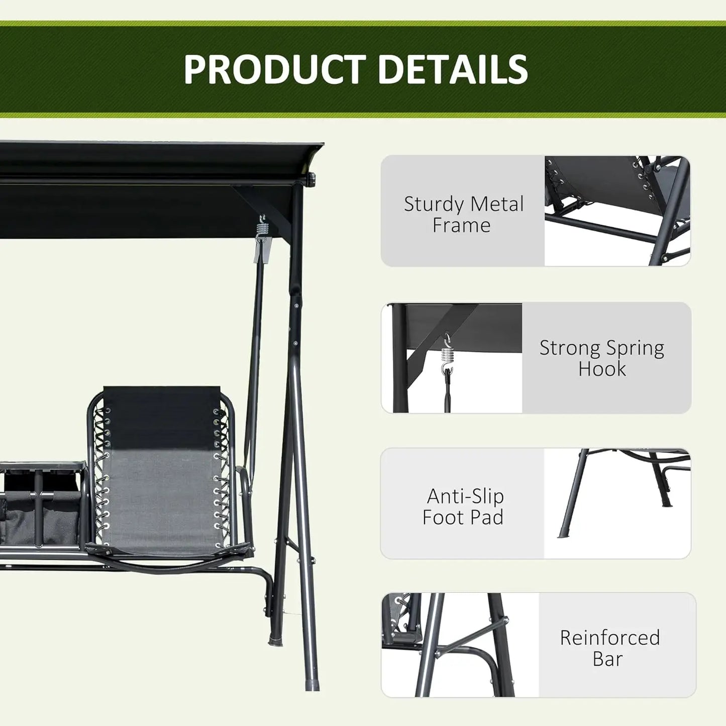 Two Seat Outdoor Patio Swing Chair With Canopy Glider Storage Table Cup Holder