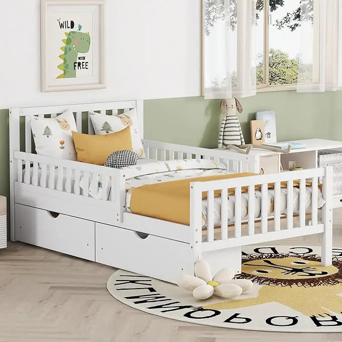 Pink Kids Twin Bed with Guardrails and Headboard Footboard 2 Drawers