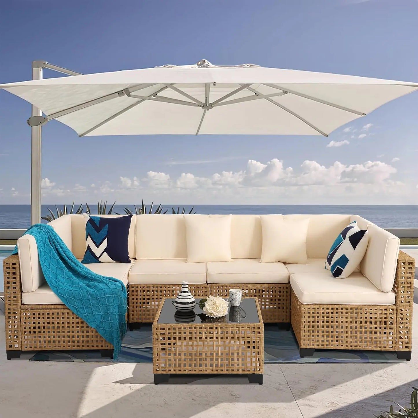 7 Pack All Weather PE Rattan Modular Sectional Conversation Patio Set, Custom