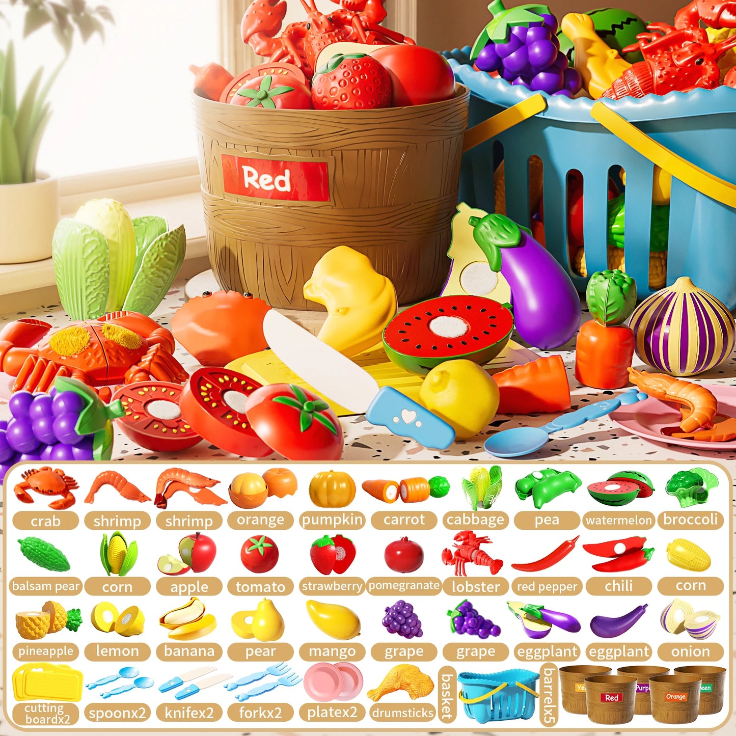 Fruit bucket, cutting and joy toy, vegetable simulation, children's play, kitchen, baby food, vegetable cutting, kitchen utensil