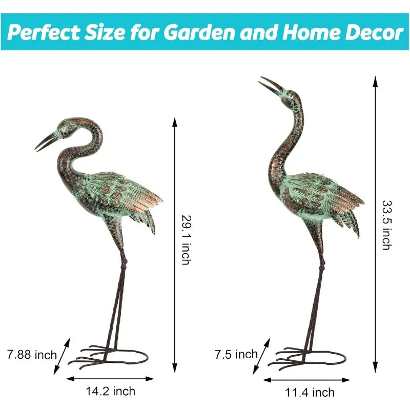 Metal Heron Sculpture with Patina Finish, Staked Garden Statue for Lawn, Pond & Landscape Decor