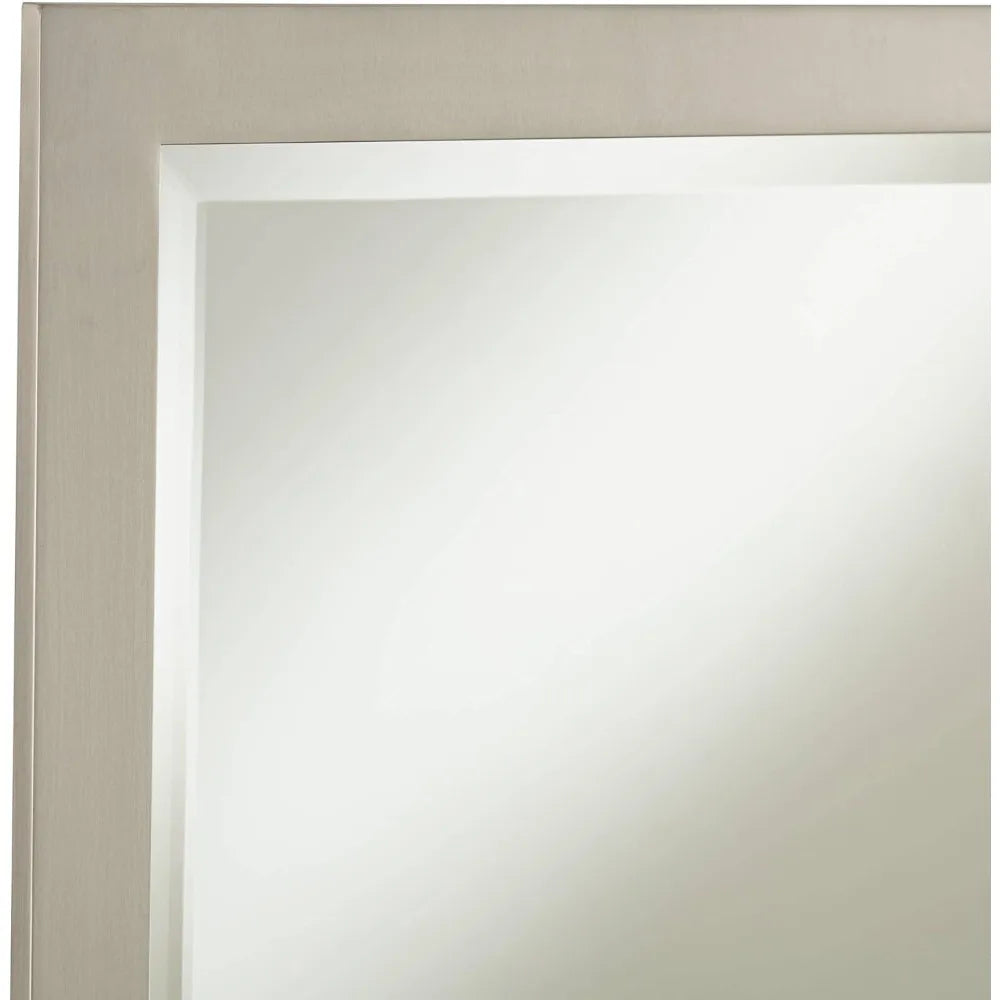 Metzeo Rectangular Vanity Decorative Wall Mirror Modern Brushed Nickel Silver Metal Frame Beveled Glass 33" Wide for Bathroom B