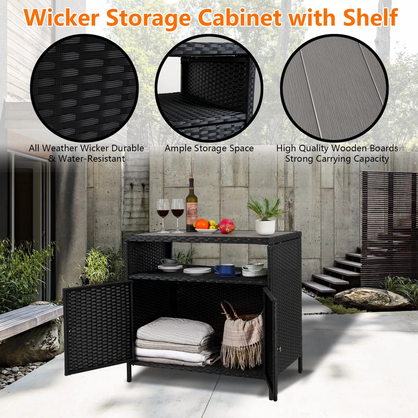 Patio Bar Table with 2-Door and Shelf, Outdoor Wicker Storage Cabinet with Shelf, Resin Wicker Cabinet Patio Pool Garden Kitchen