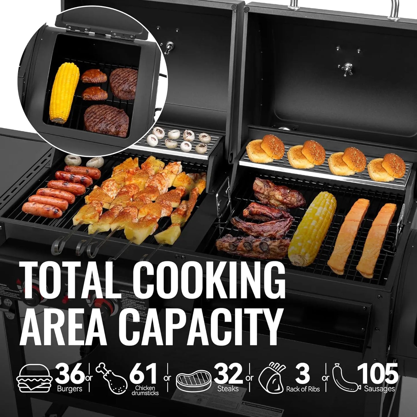 Dual Fuel Charcoal And Gas Grill With Offset Smoker 34000 BTU 1020 Square Inches