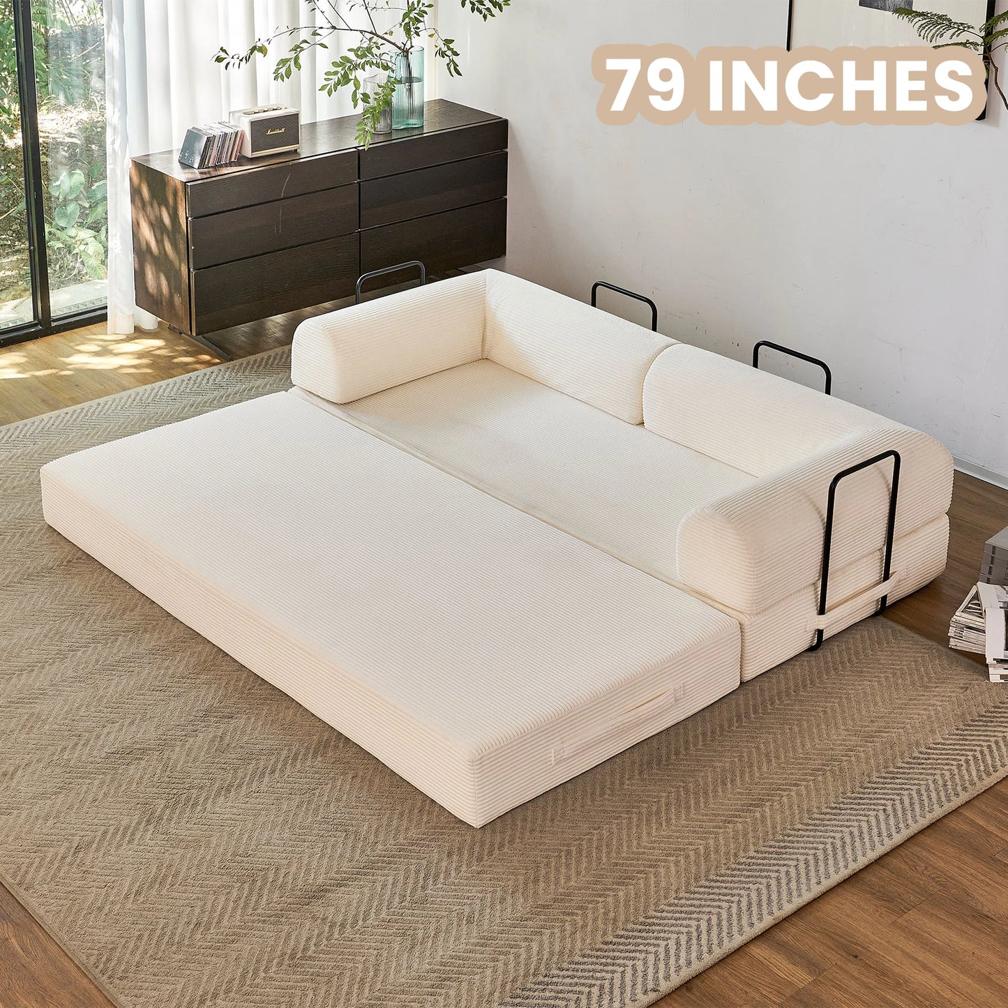 79 Inch Foldable Convertible Futon Sofa Bed With L Shaped Armrests