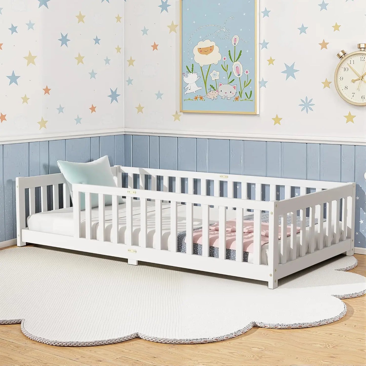Full Size Floor Bed, Toddler Floor Bed Frame with High Guardrails, Solid Wood Montessori Beds Full with Support Slats, Fence and