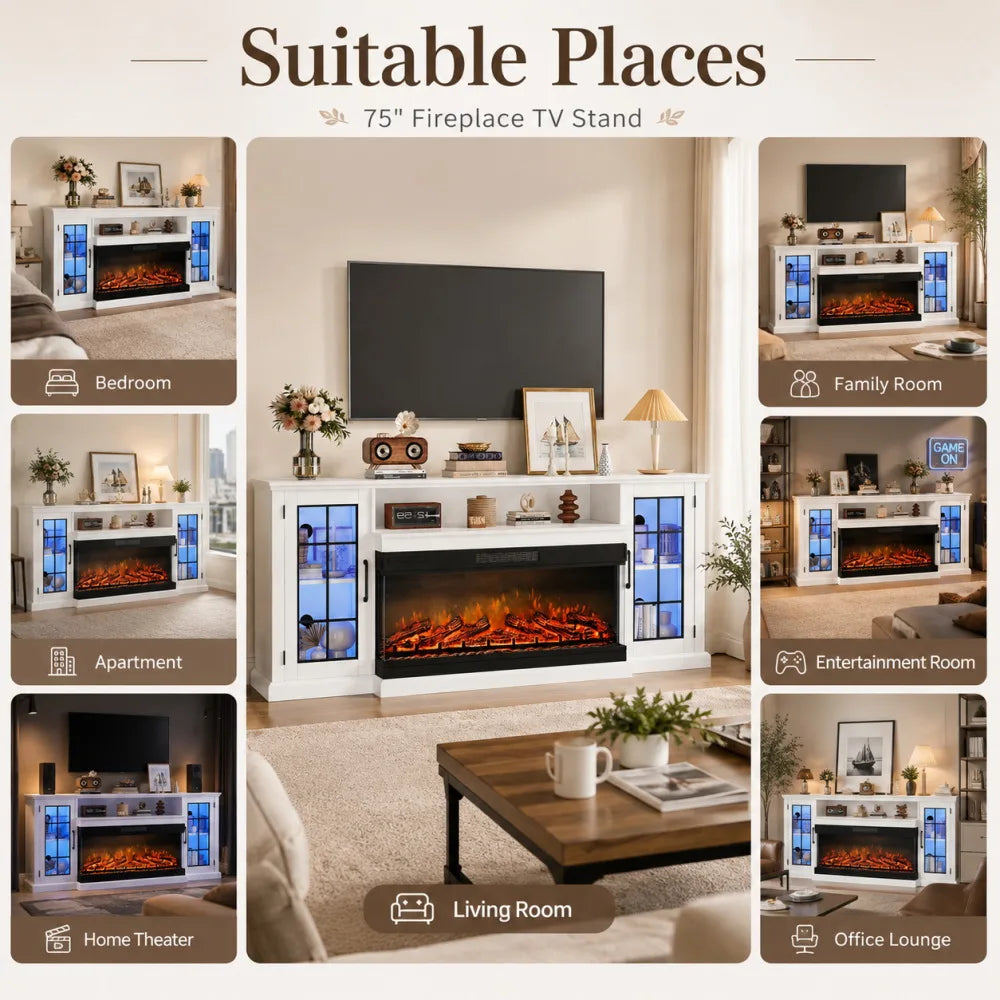 75“ TV Stand with Electric Fireplace, Farmhouse Entertainment Center for 80 Inch TV, 3-Sided Glass Fireplace Heater 5000BTU, 12 Flame Colors, Storage Cabinet with Shelves, Remote Control, Living Room Furniture