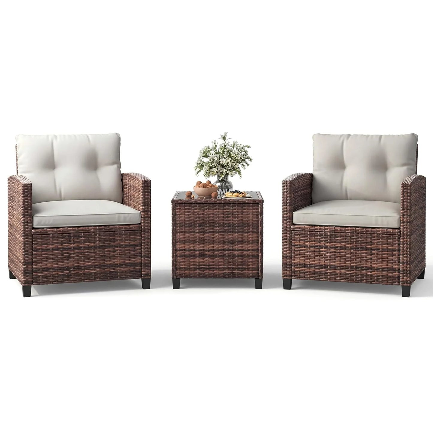 Outdoor Bistro Set 3-Piece Wicker Patio Furniture Rattan Seating With Coffee Table & Washable Cushions For Garden Backyard