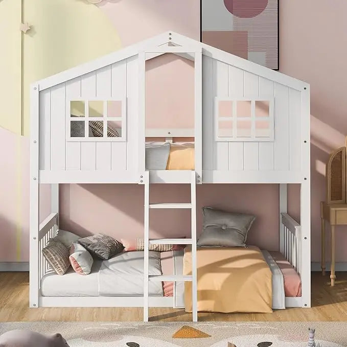 Twin Over Twin Bunk Bed with 2 Drawers, 1 Storage Box, 1 Shelf, Window and Roof, Wood Playhouse Bed Frame for Kids Boys Girls Te
