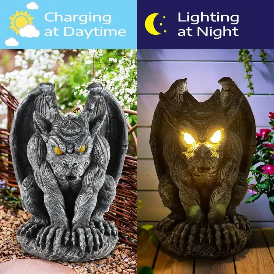 Large Winged Gargoyle Statue With Solar Lights Outdoor Garden Decor