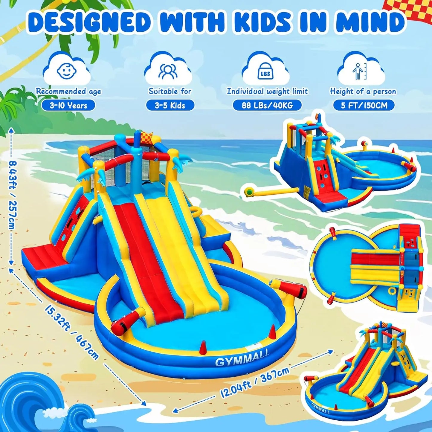 Inflatable Water Slide 8 In 1 With 550W Blower For Kids