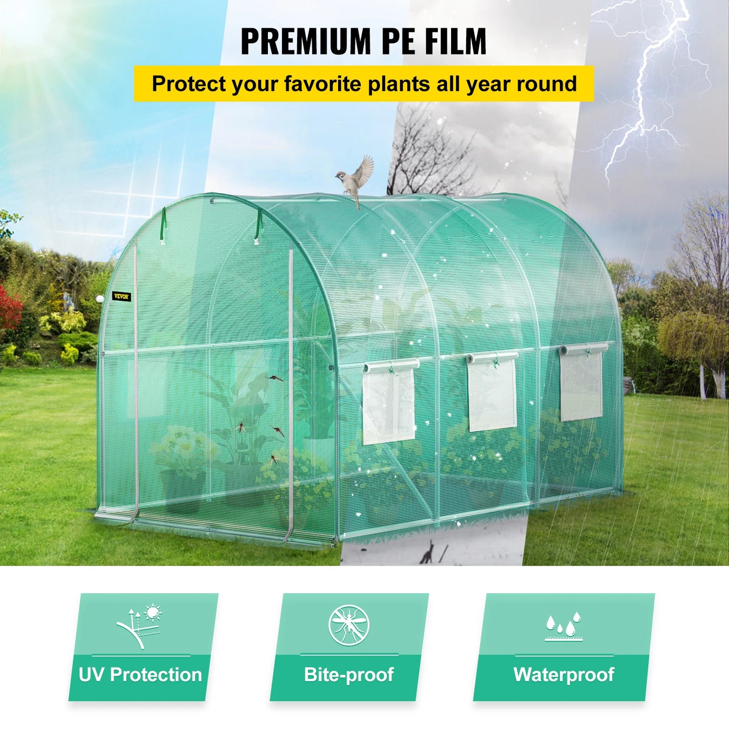 VEVOR Walk-in Tunnel Greenhouse Galvanized Frame & Waterproof Cover 10x7x7/12x7x7/15x7x7/20x10x7 ft Greenhouses & Cold Frames